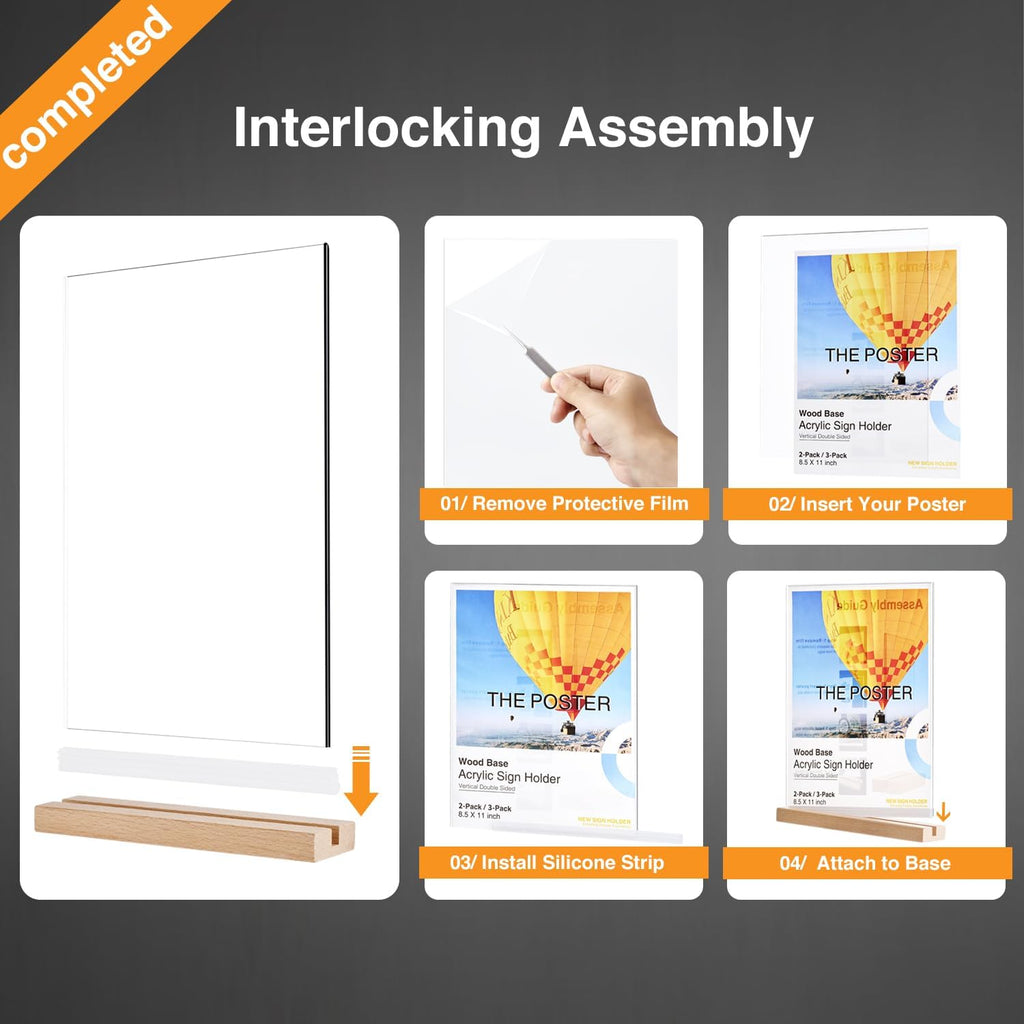 Acrylic Sign Holder 8.5×11 Inches with Wood Base, 3 Pack – Double-Sided Tabletop Clear Display Stand for Menu, Flyer