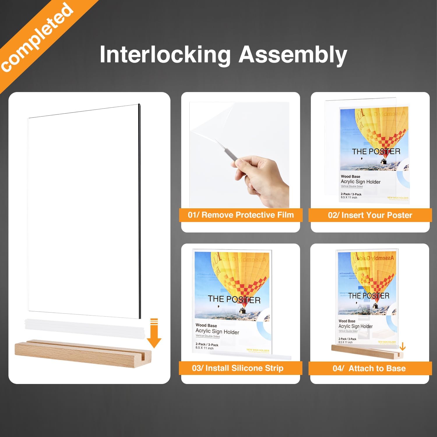 Acrylic Sign Holder 8.5×11 Inches with Wood Base, 3 Pack – Double-Sided Tabletop Clear Display Stand for Menu, Flyer