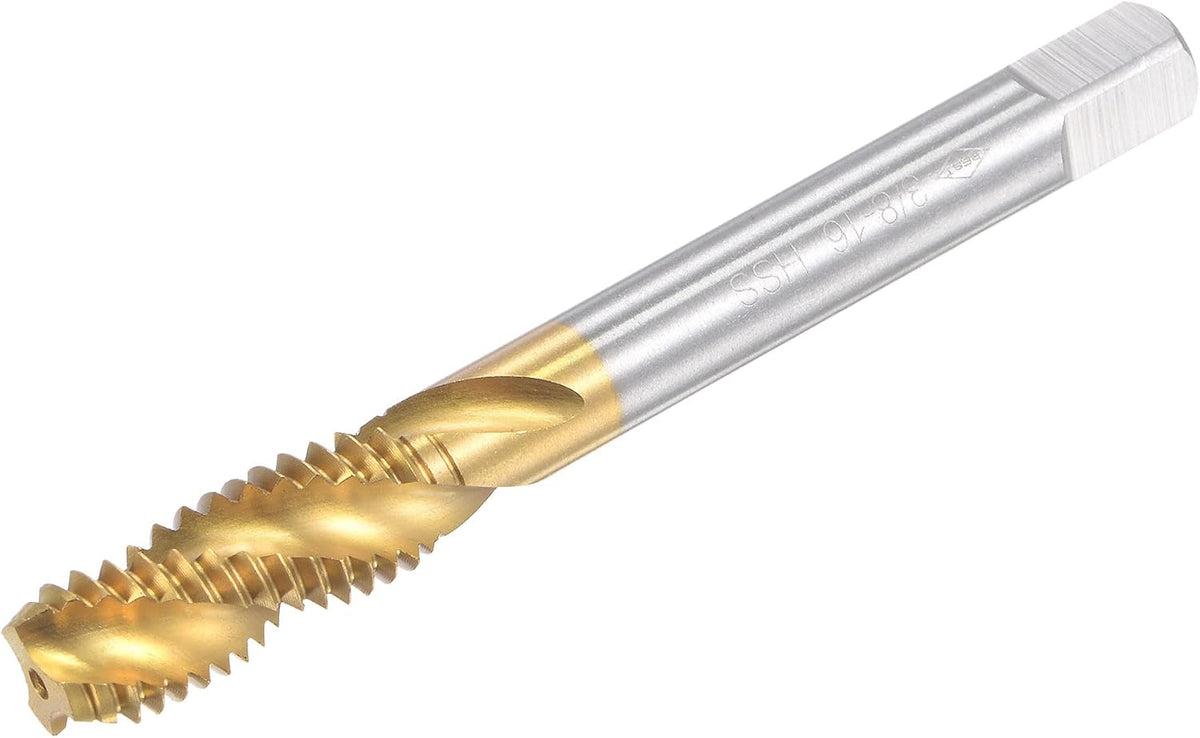 uxcell Spiral Flute Threading Tap 3/8-16 UNC, HSS (High Speed Steel) Titanium Plated Machine Thread Screw Tap 3 Flutes Tapping Tool H2 Tolerance