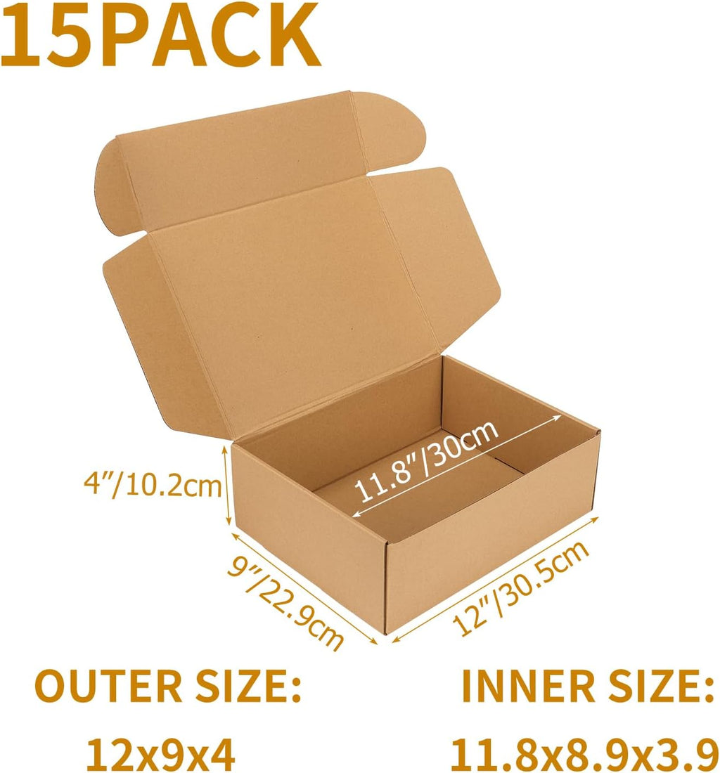 15 Pack 12x9x4 inch Cardboard Shipping Boxes, Brown Gift Boxes