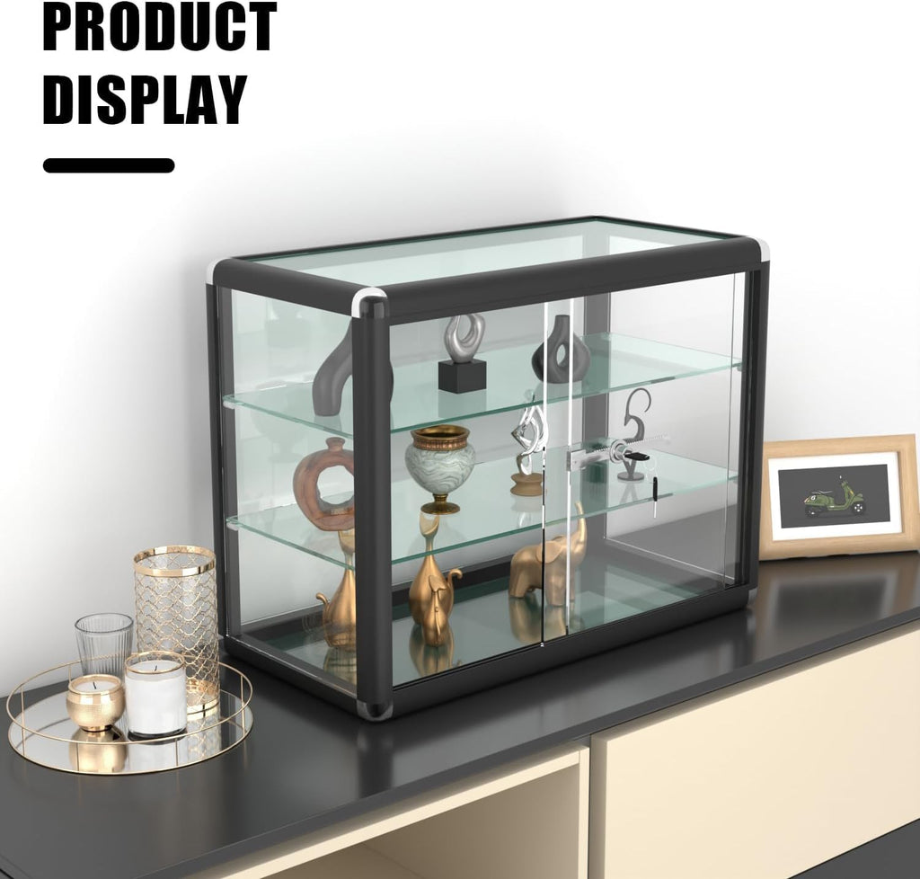 24" W x 18" H x 12" D Black Aluminum Tempered Glass Countertop Display Case - Durabletable Top Display Case,Clear