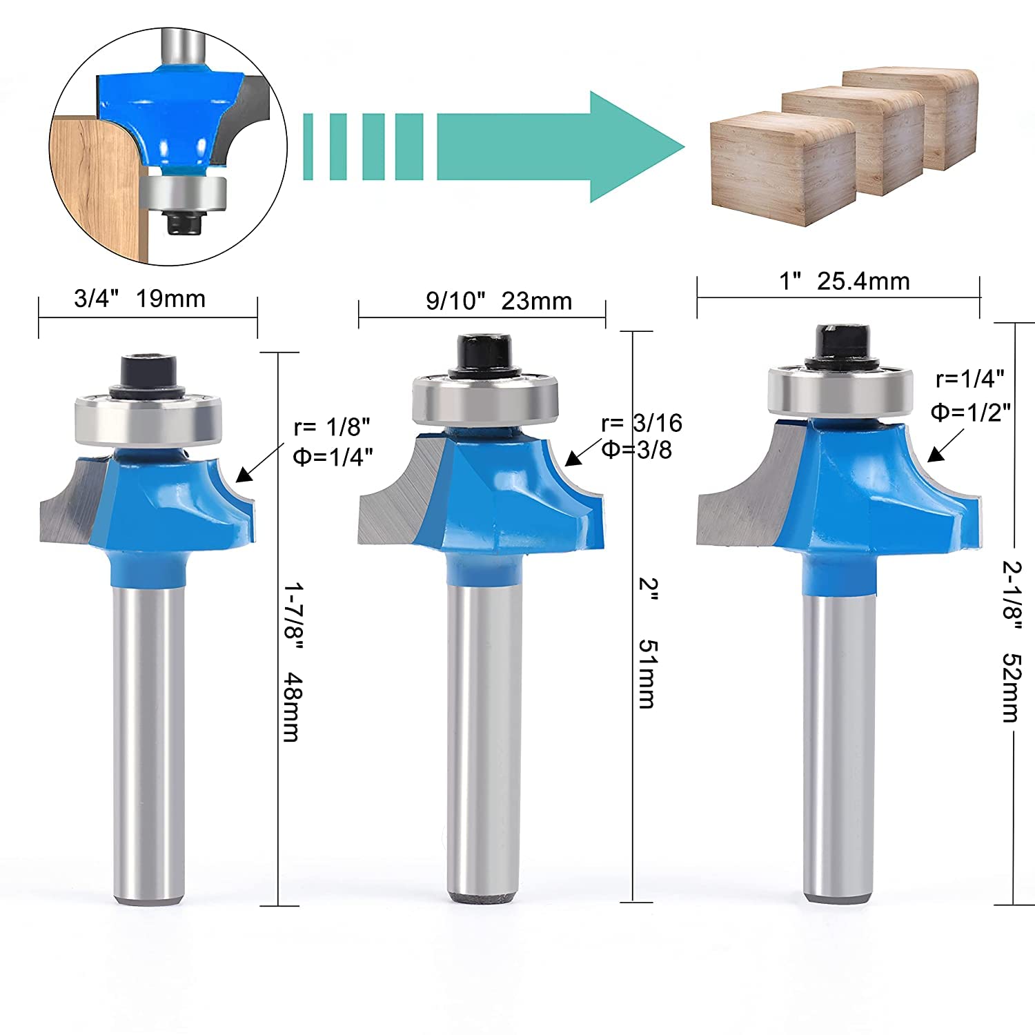 3Pcs Roundover Router Bit Set 1/4 Inch Shank, Carbide Round Over Router Bits for Edging Forming, Including 1/8"