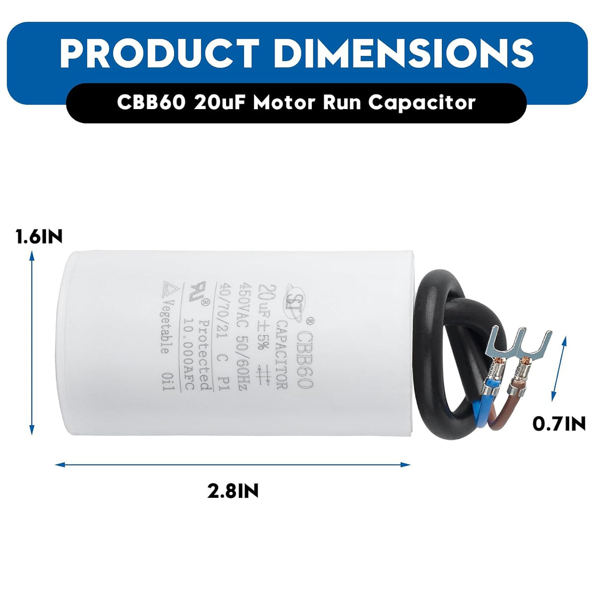 CBB60 20uF Motor Run Capacitor 450 VAC Volts Round Cylinder 2 Leads