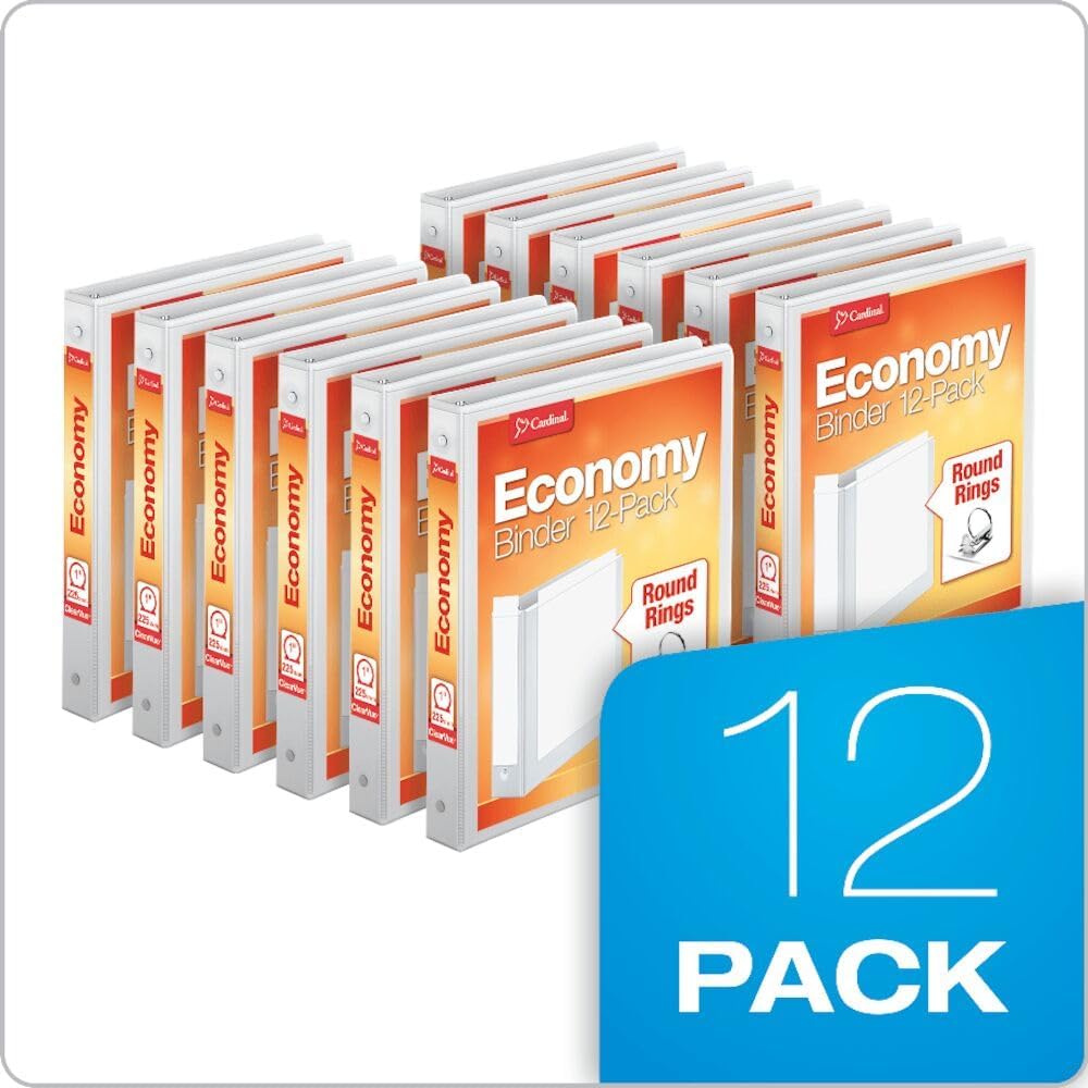 1 Inch 3 Ring Binders, White, 12 Pack, Round Ring Binder, Holds 225 Sheets, PVC Free, Customizable Covers, 2 Pocket