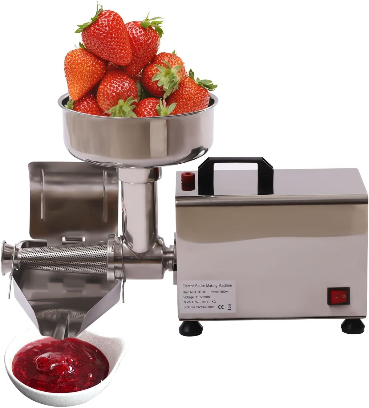 450W Electric Tomato Strainer, 304 Stainless Steel Tomato Mill Machine with Dia 4.8" Funnel, 50 Kg/H Pure Copper