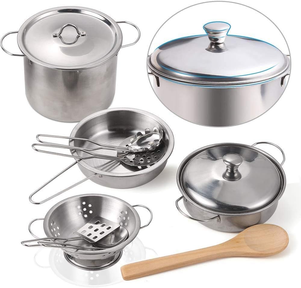 Play Kitchen Accessories, Kids Kitchen Pretend Play Toys, Kitchen Set with Stainless Steel Cooking Utensils Cookware