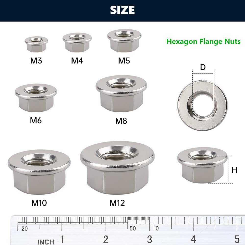 (20 PCS) M8-1.25 Hexagon Flange Nuts with Non-Serrated Flange Washer Head, 304 Stainless Steel, Hex Drive, Full Thread