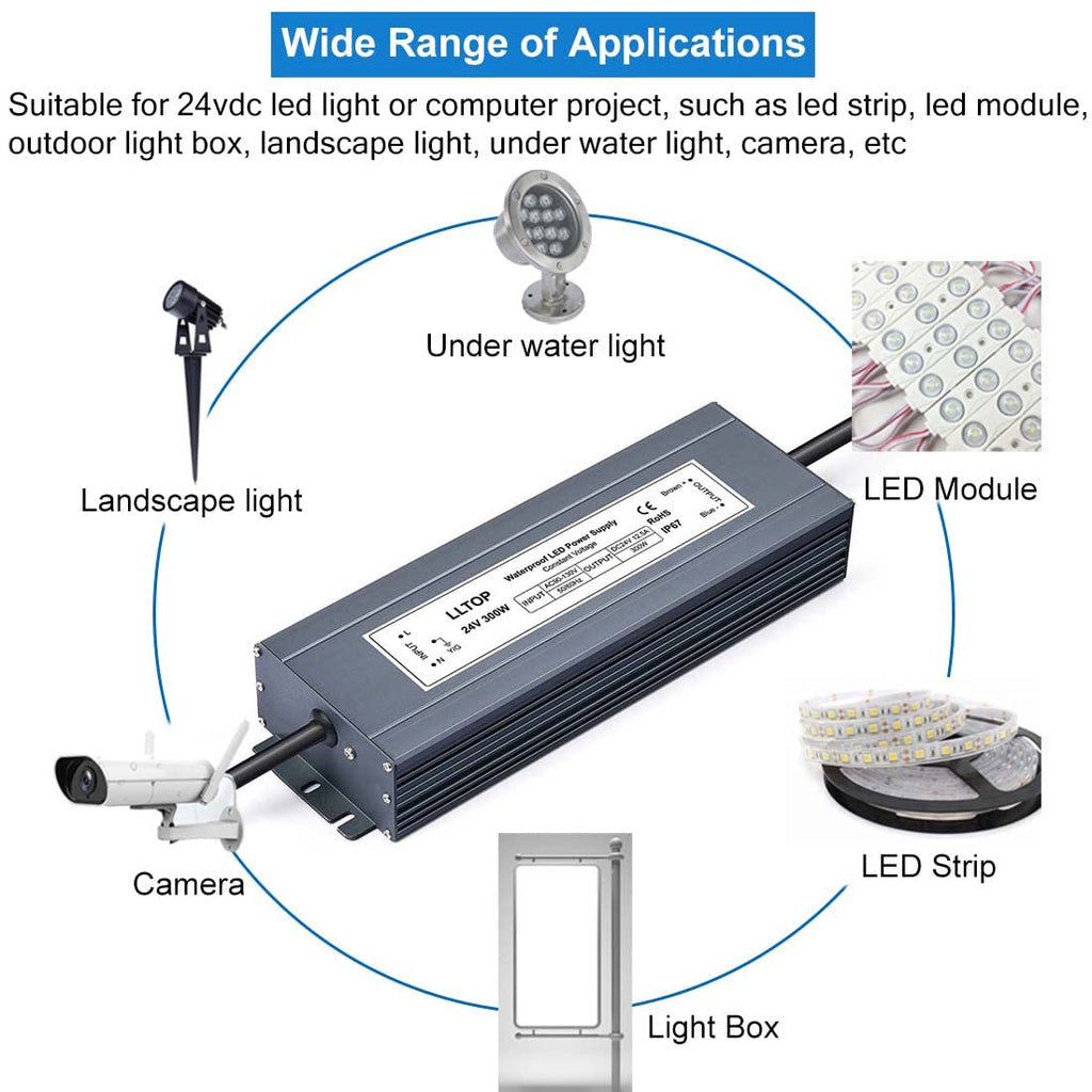 24V DC LED Driver Waterproof IP67 Power Supply 300W 12.5A