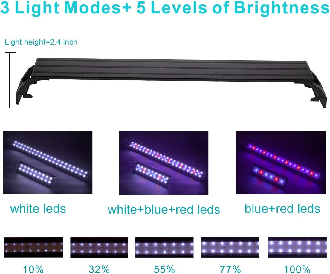 14W Full Spectrum Aquarium Light with Aluminum Alloy Shell Extendable Brackets, White Blue Red LEDs, External