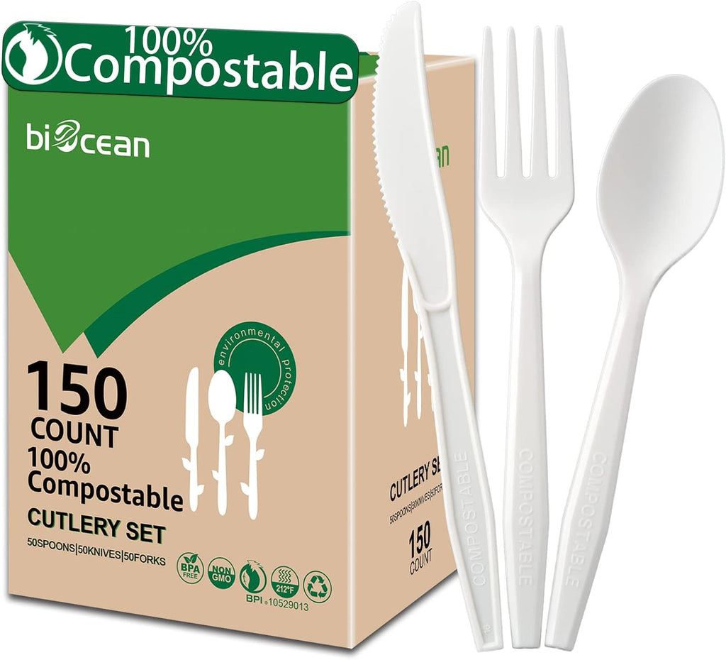 100%Compostable No Plastic Knives Disposable Forks Spoons Plastic Utensils, The Heavyweight Heavy Duty Flatware is