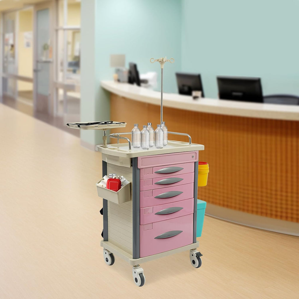 Medical Rolling Crash Cart,Mobile Medical Cart for Clinic, Nursing Emergency Cart for Hospital Center, 5 Drawers