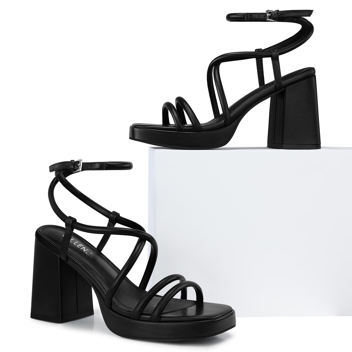 Women Chunky Platform Heels: Black Strappy High Heel Sandals 7.5