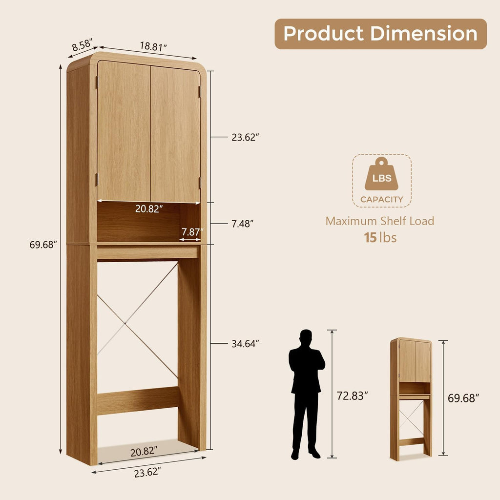 Over the Toilet Storage Cabinet, 69.69" Curved Bathroom Storage Organizer Cabinet with Doors and Adjustable Shelves