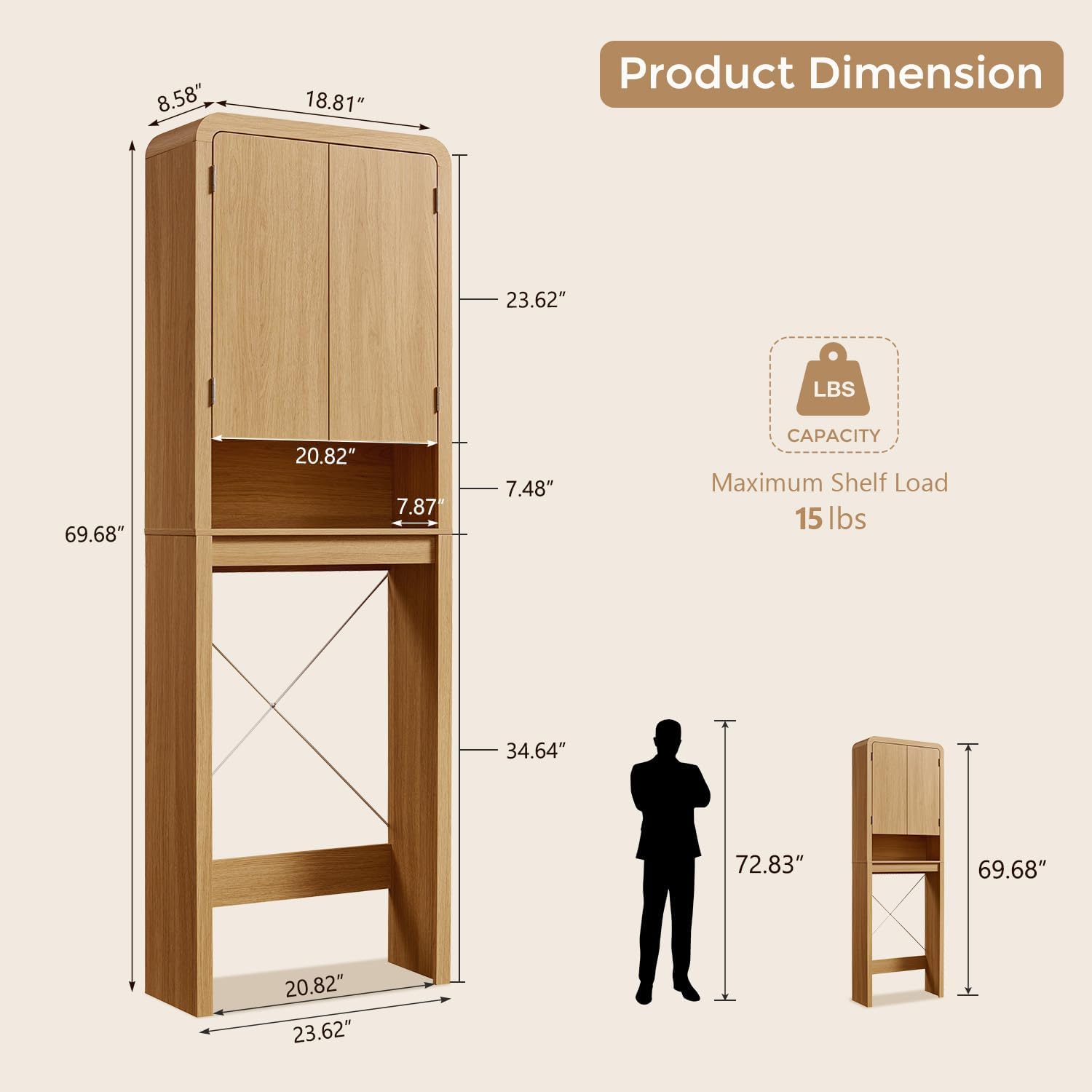 Over the Toilet Storage Cabinet, 69.69" Curved Bathroom Storage Organizer Cabinet with Doors and Adjustable Shelves