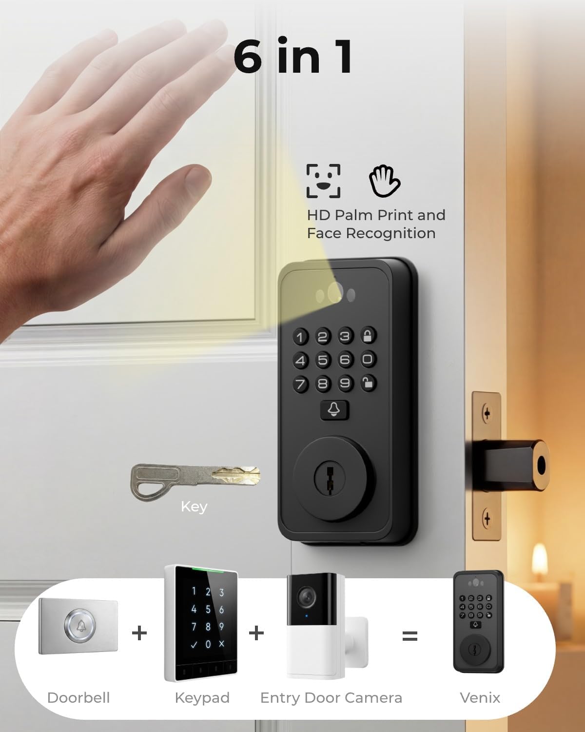 Smart Door Lock with Face & Palm Vein Recognition, Ultra-Wide Peephole Video Doorbell, Keep-Alive WiFi, Tuya App