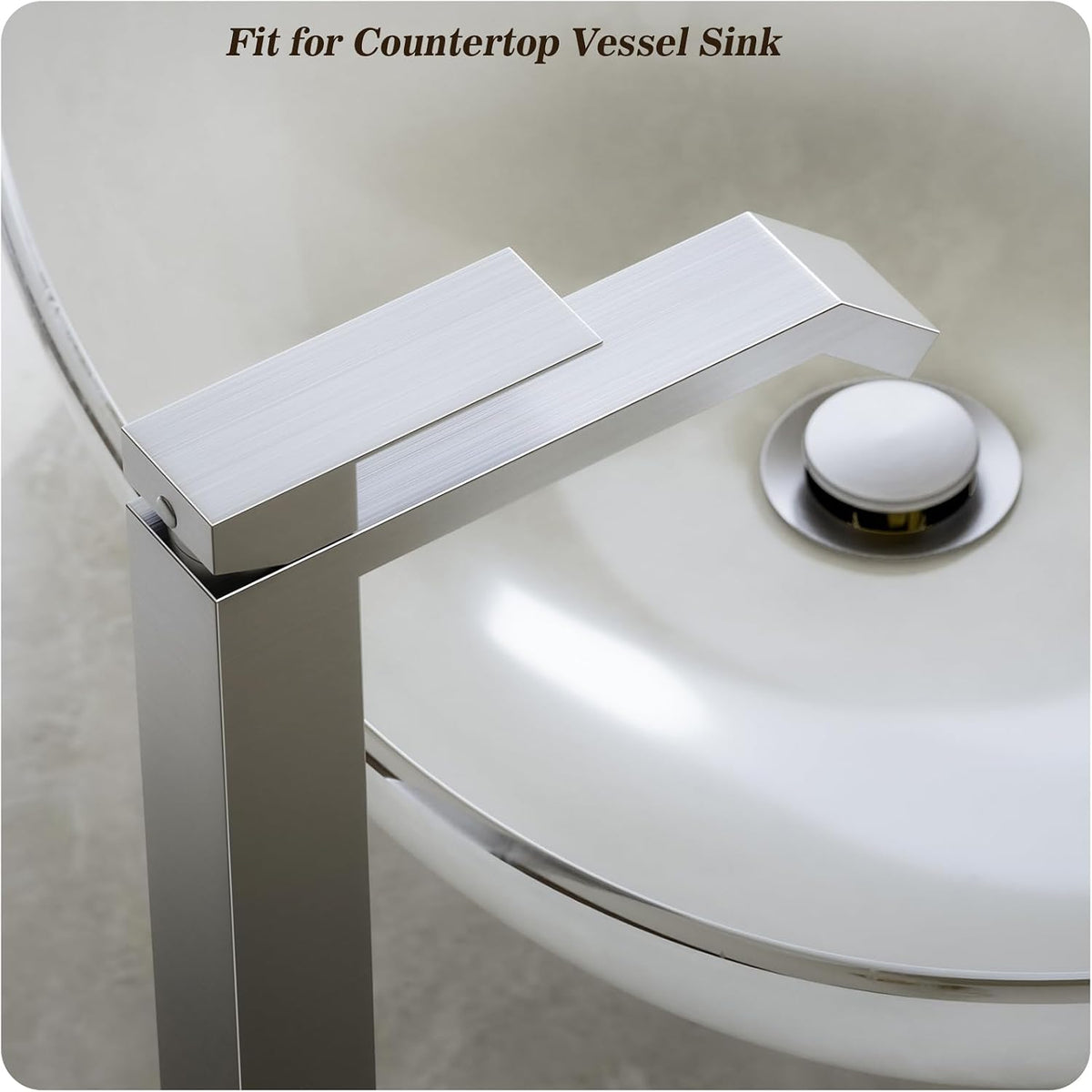 Brushed Nickle Single Hole Tall Vessel Sink Bathroom Faucet, Above Counter Single Handle Square Waterfall Vessel