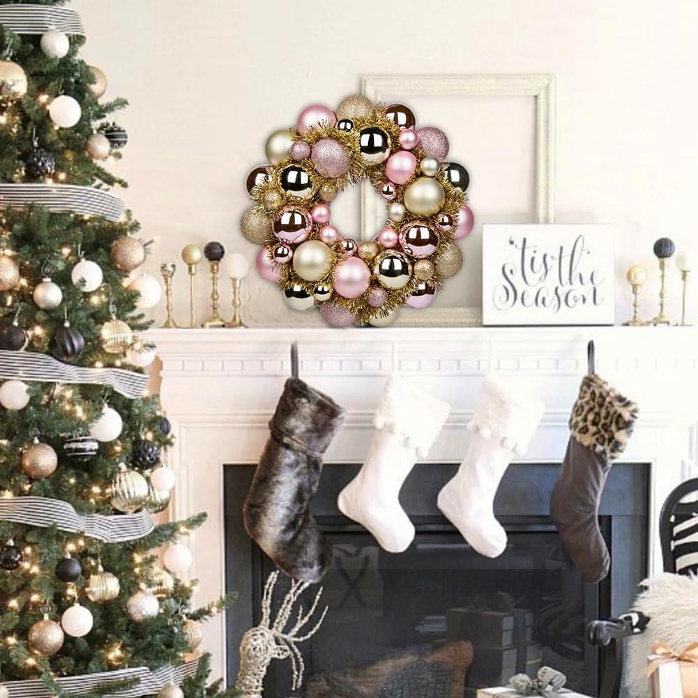 Christmas Ball Wreath 13" Xmas Wreaths Ornaments Glitter Thicken Shatterproof Garland Decoration for Door Wall Mantel