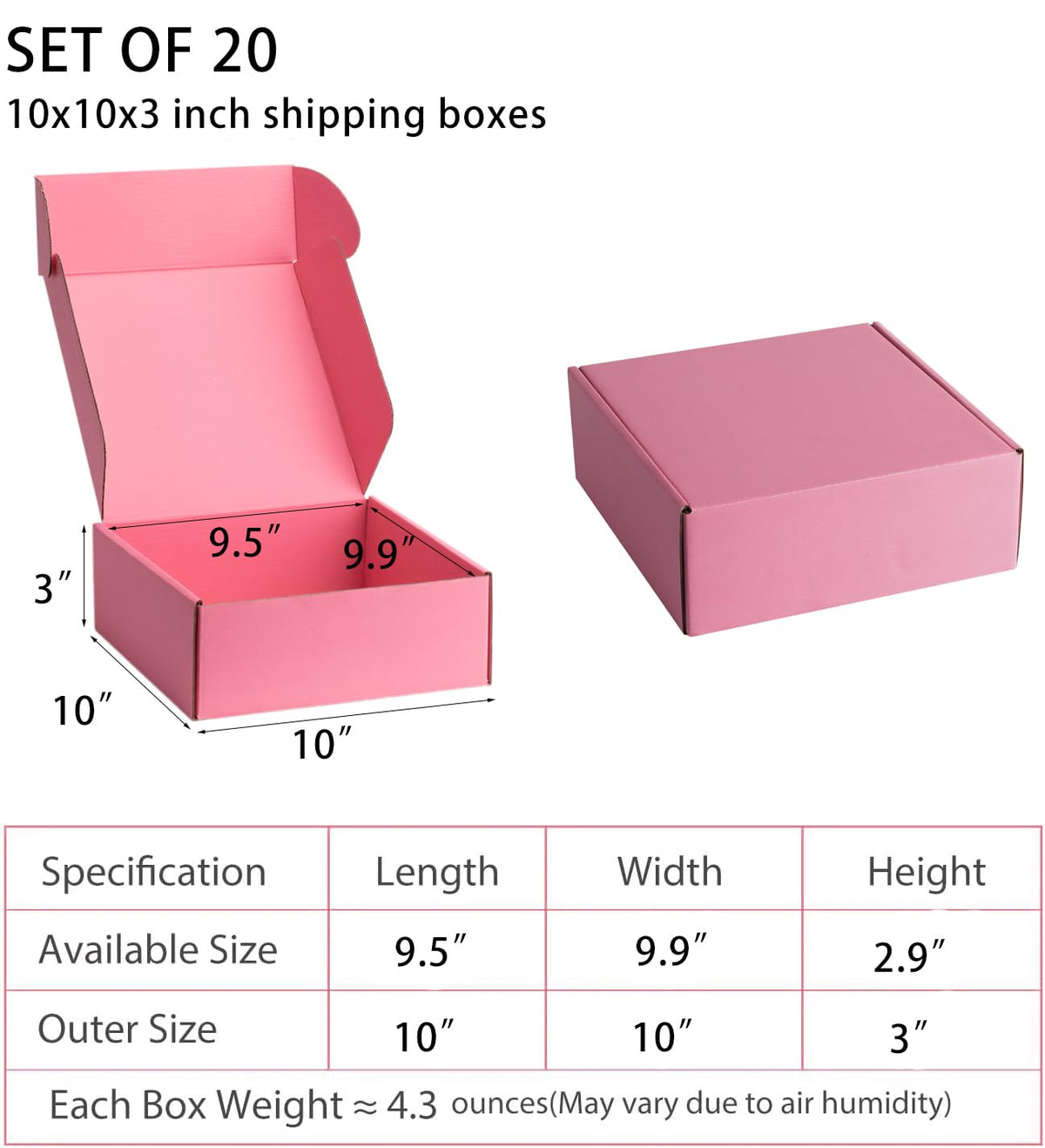 Pink Shipping Boxes 10x10x3 Inches, 20 Pack
