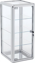 Tempered Glass Display Case, 4-Shelf, 12" D x 14" W x 27" H, Silver | Lockable, Countertop Showcase, Aluminum Frame