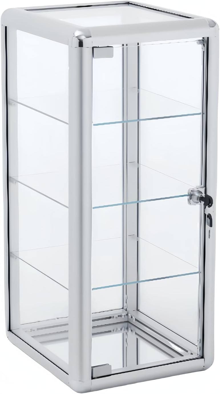 Tempered Glass Display Case, 4-Shelf, 12" D x 14" W x 27" H, Silver | Lockable, Countertop Showcase, Aluminum Frame