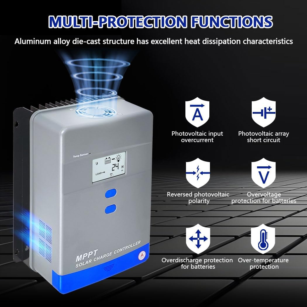 60A MPPT Solar Charge Controller 12V/24V/36V/48V Auto Battery Regulator LCD Display,MAX PV Panel Input 3120W for AGM
