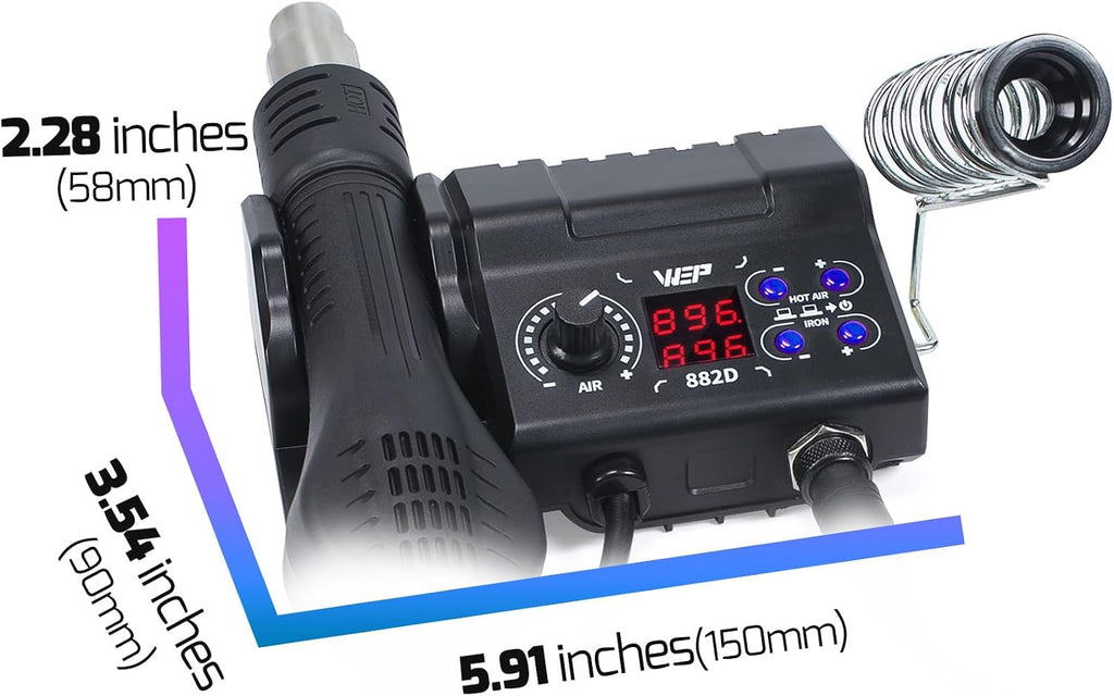 882D Soldering Iron Station 2-IN-1 SMD Hot Air Rework Station with 2 Spools of Solder Wire, 5 Soldering Tips, 3 Hot