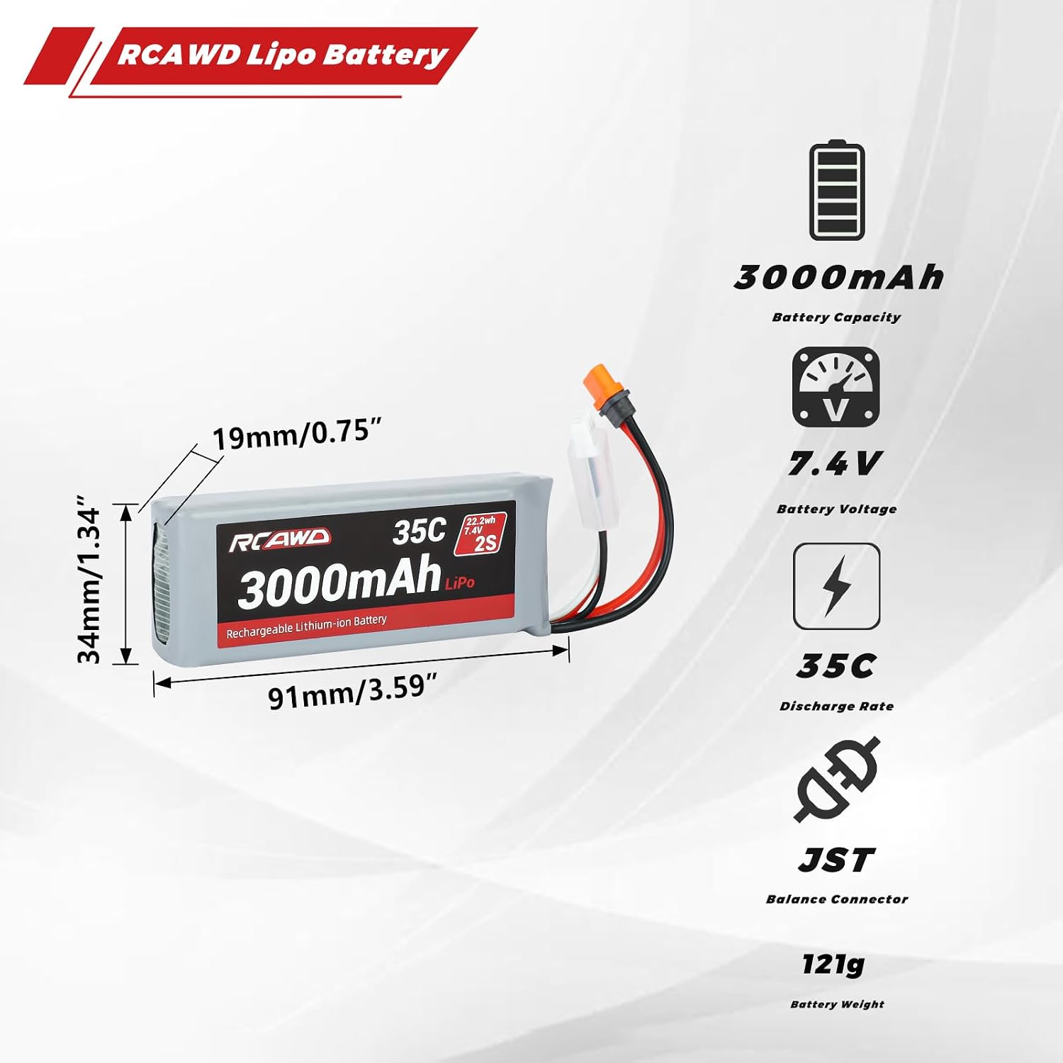 7.4V Lipo Battery 2S 35C with JST Plug IC2 Connector and 3S 7.4V 1.3A Charger for 1/12 Losi Brushed Arrma Grom 2S