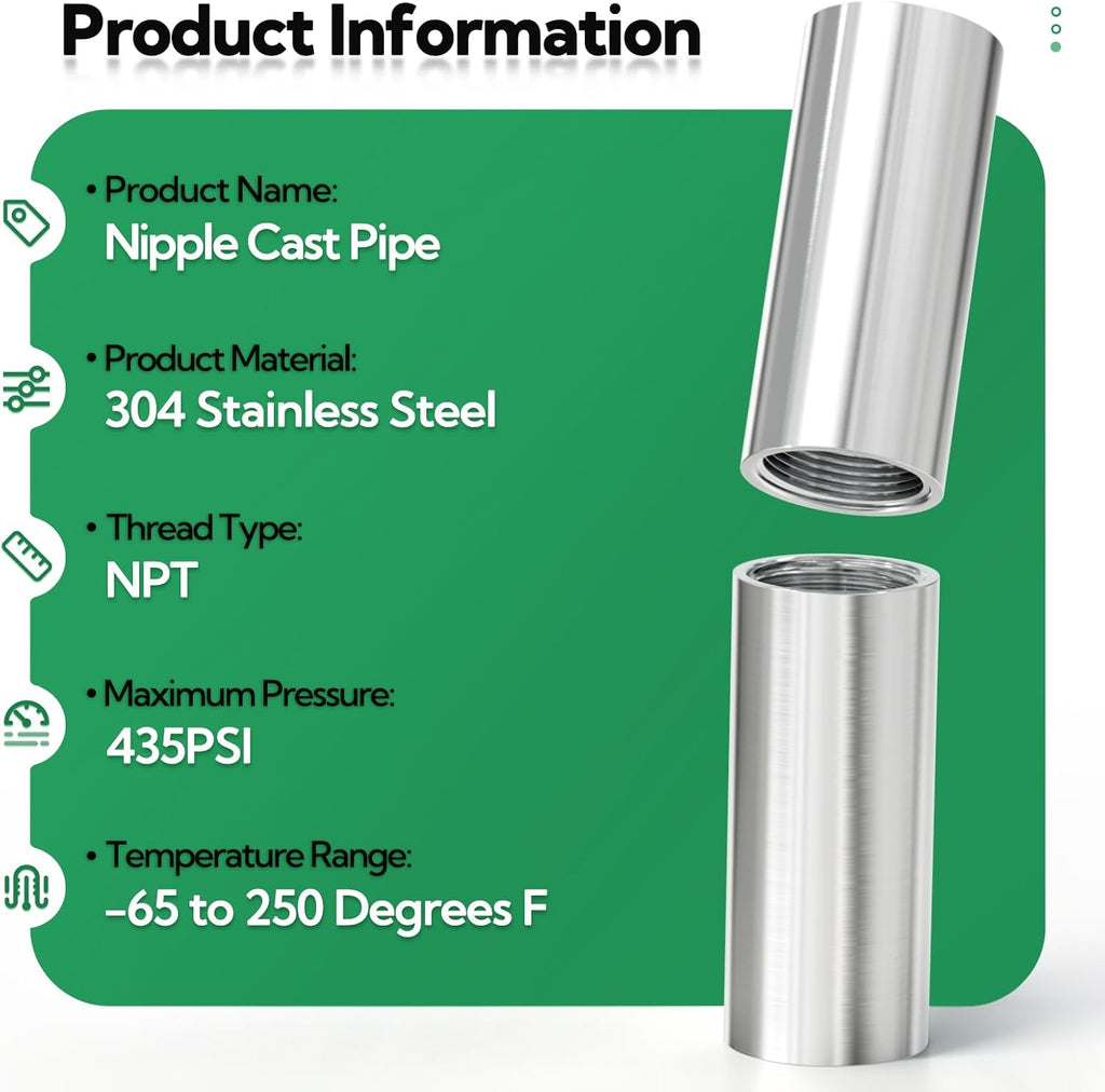 TAISHER 4Pcs 304 SS Nipple Cast Pipe Fitting, 1/2" NPT Female, 2" Length