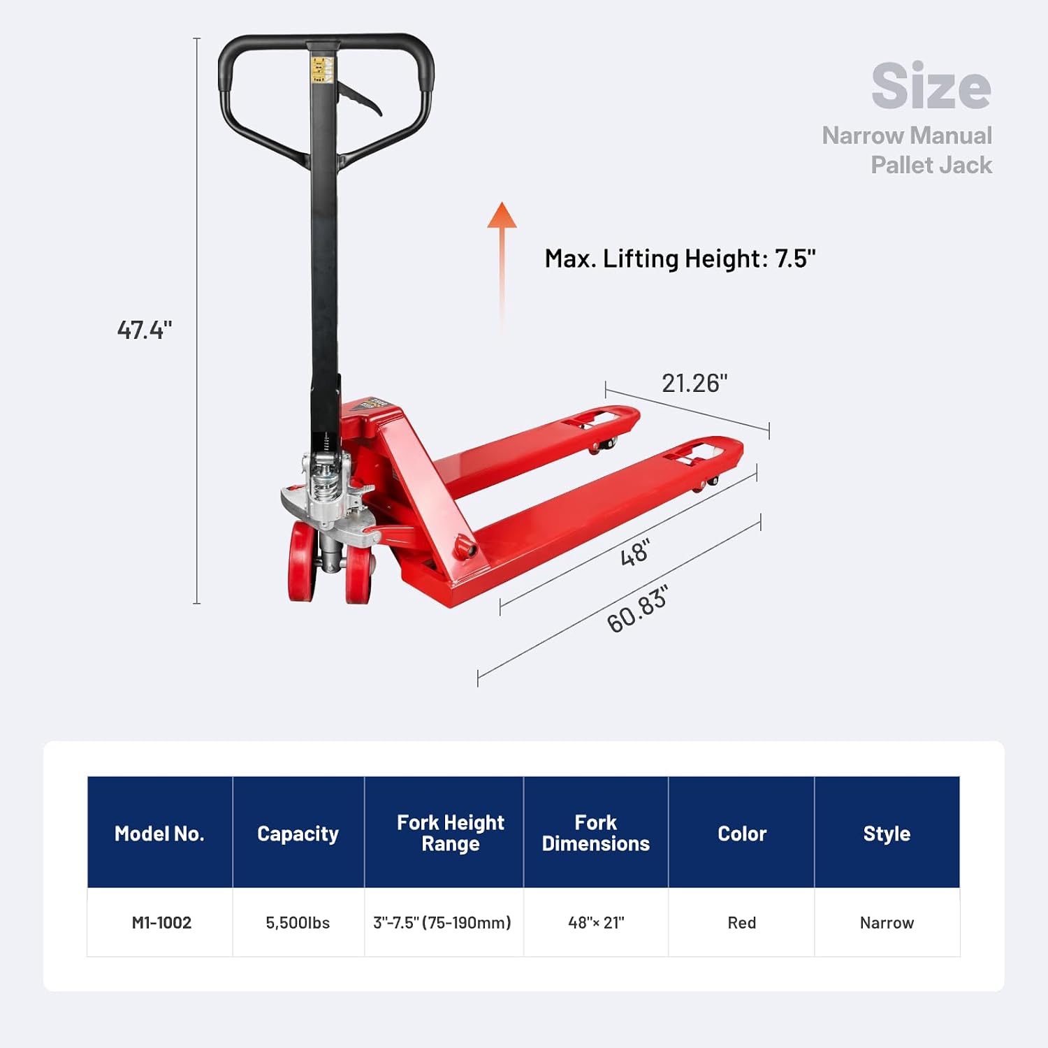 Narrow Manual Pallet Jack, 48" x 21", 5500lb Capacity for Warehouse, Workshop