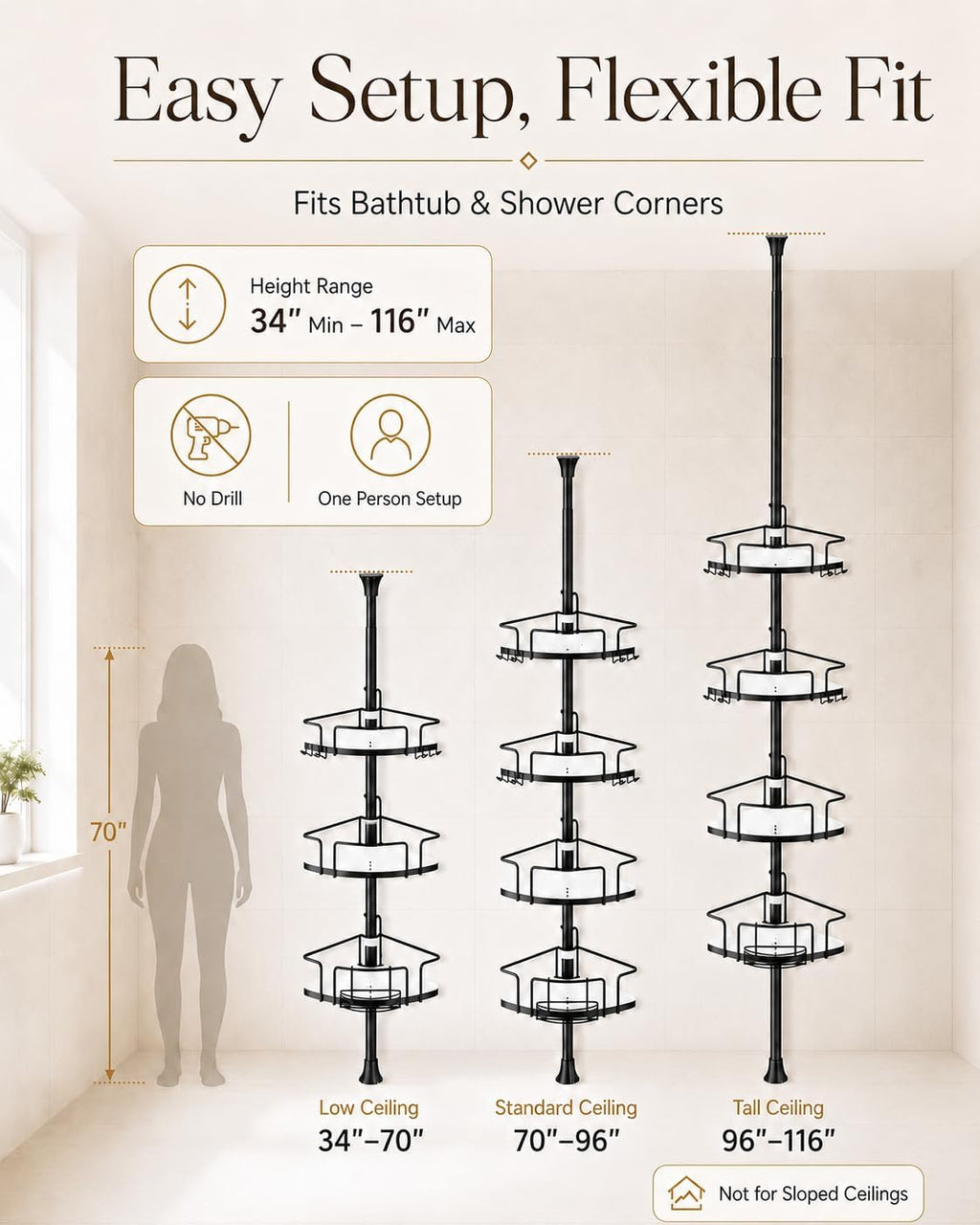 Corner Shower Caddy Tension Pole, 4 Hang-On Basket with Mixed-Height Shelves for Various Bottle Sizes, Extra Hooks &