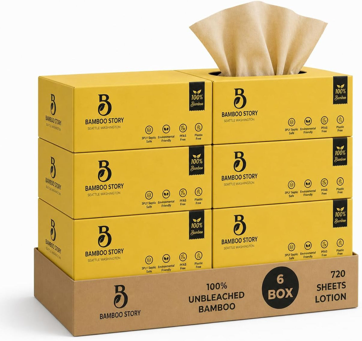 Bamboo Lotion Facial Tissue Unbleached, 6 Box 3ply and 720 Sheets, Bamboo Facial Tissue - FSC Certified