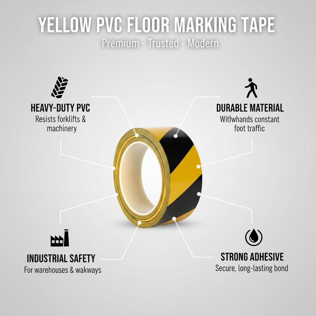 Yellow PVC Floor Marking Tape - Heavy Duty Adhesive for Warehouse Aisles, Factory Walkways & Industrial Safety Zones