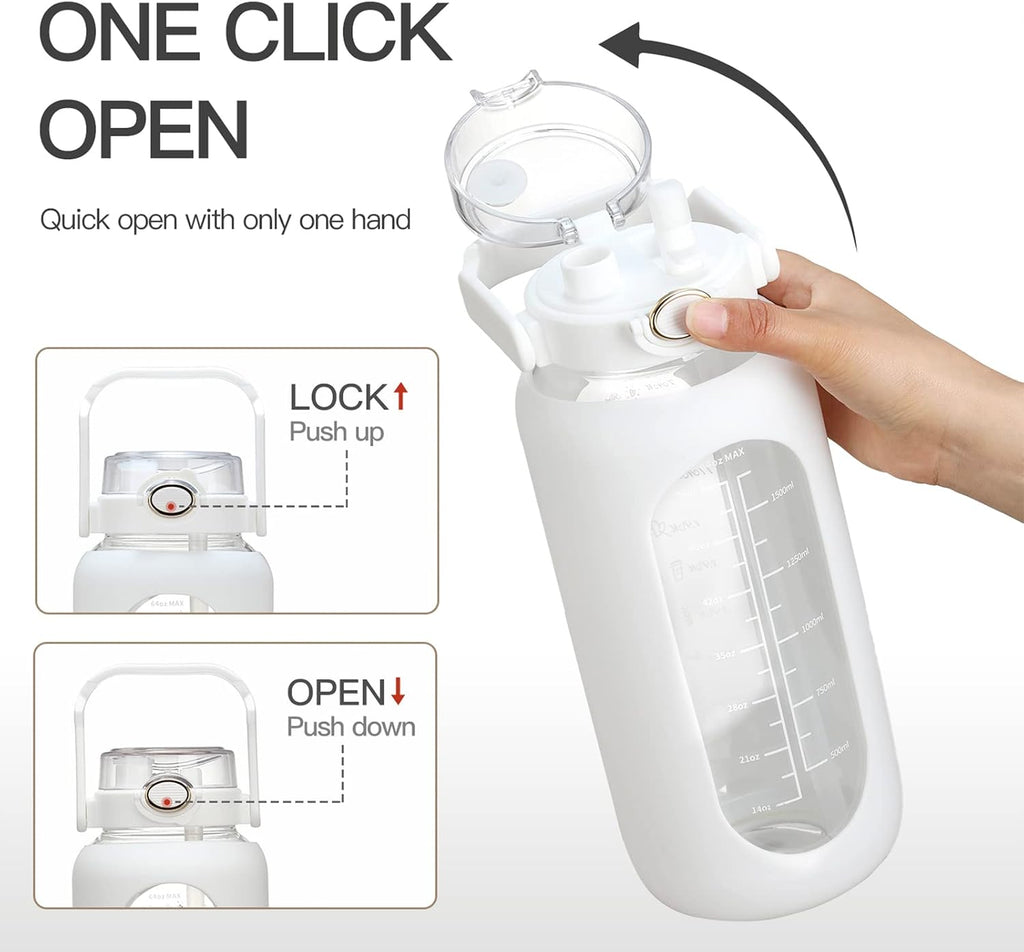 64oz Glass Water Bolttles with Straw Half Gallon Large Motivational Water Bottle with Time Marker Sports Water