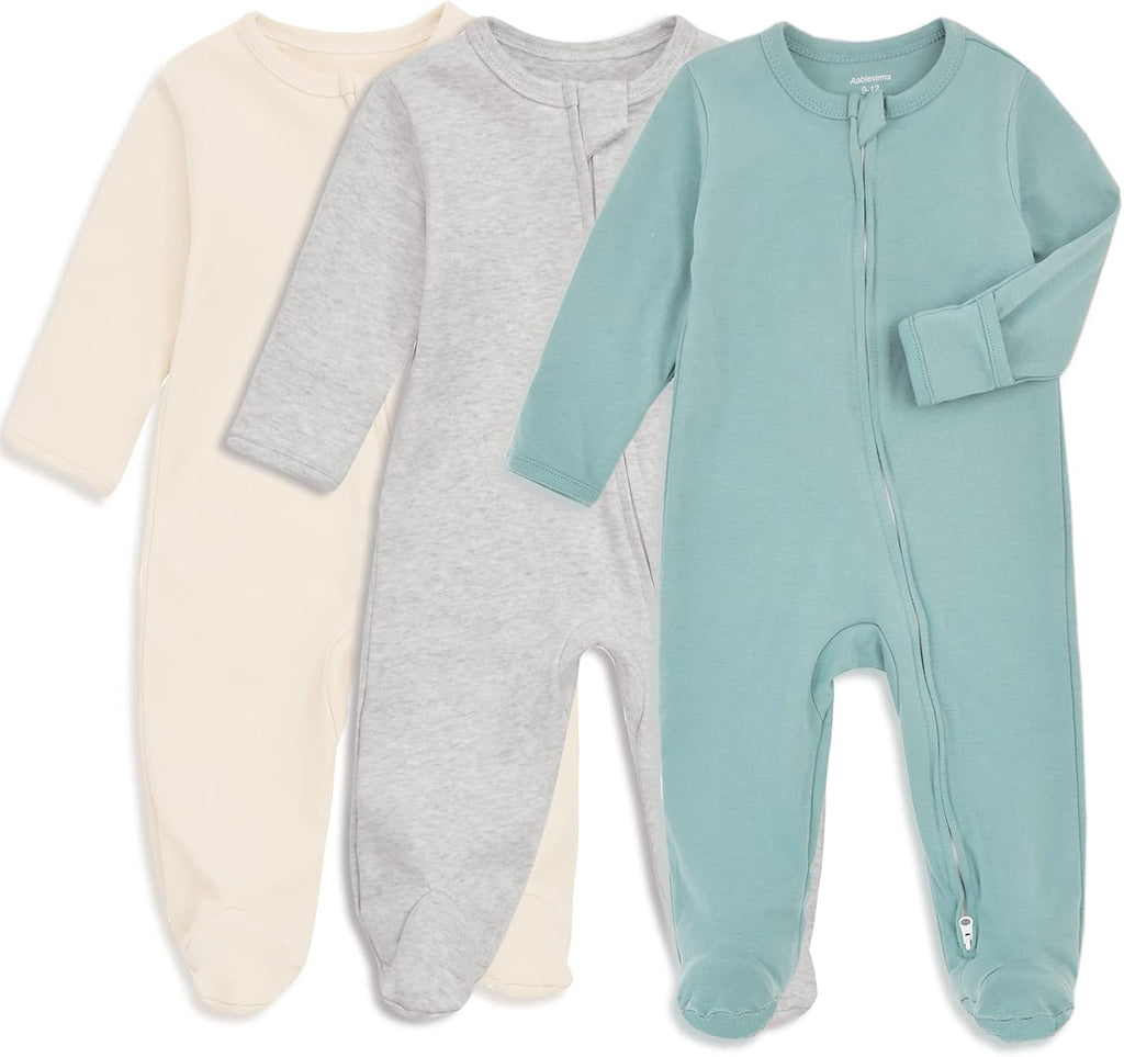 Baby Footie Pajama with Mitten Cuffs, Double Zipper Infant Cotton clothes Sleeper Pjs, Footed Sleep Play