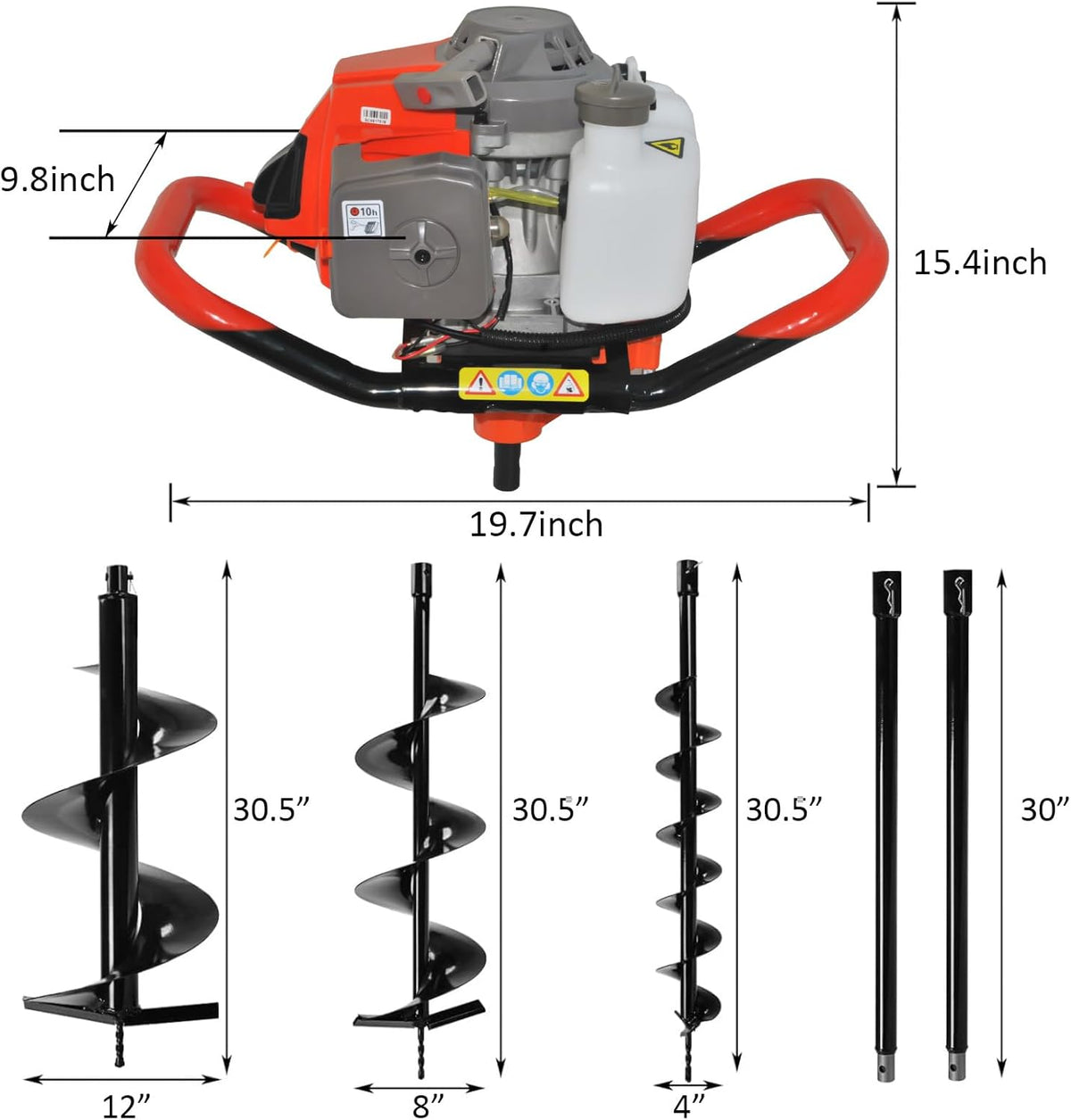 85cc 4HP Post Hole Digger Gas Powered, Gas Earth Auger/Ice Auger, with 3 Drill Bits 4"/8"/12" + 2 Extension Bar, One