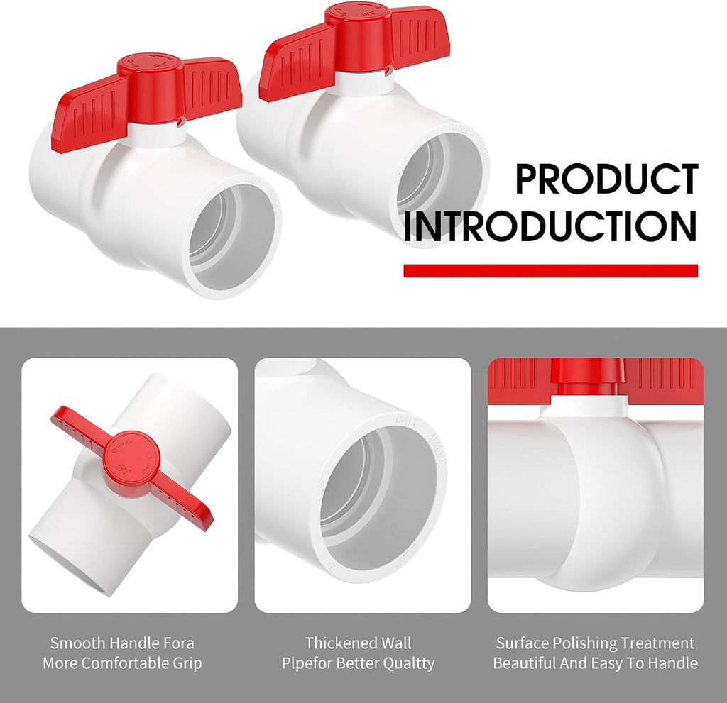 EPHECH 2PCS 2" PVC Ball Valve, SCH40 PVC Pipe Valve with Red T-Handle