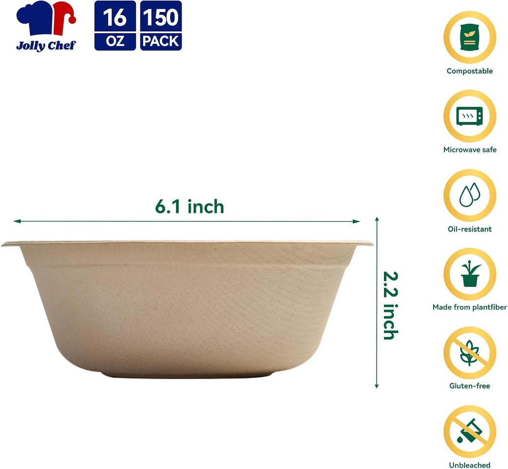 Compostable Disposable Paper Bowl 16 oz Heavy Duty Soup Containers 150 Pack