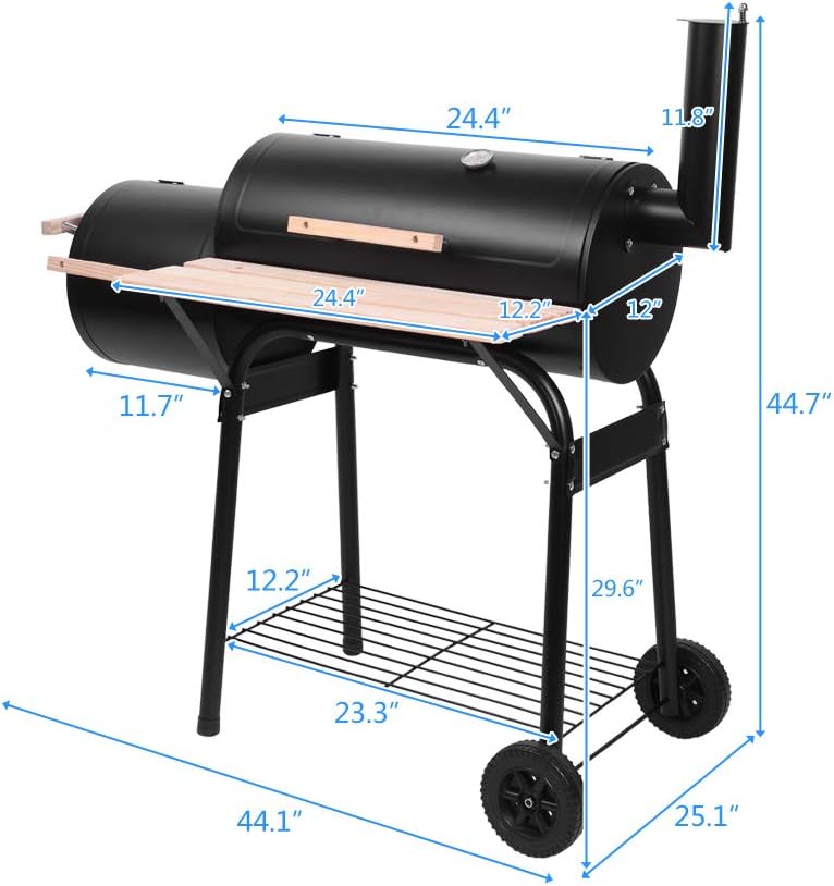 44in Large Barrel Charcoal Grills with Offset Smoker,Outdoor BBQ Grill,Vertical Picnic Barbecue Grills,Portable
