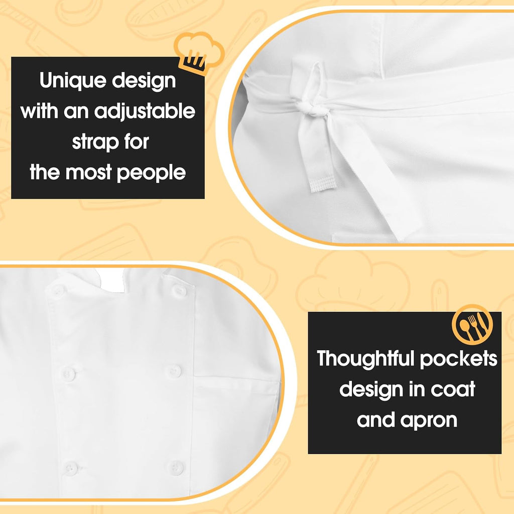 Halloween 3 Pcs Chef Unisex Costume Tall Hat Coat Bistro Apron Set Chef Jacket Coat Apron for Man(Short