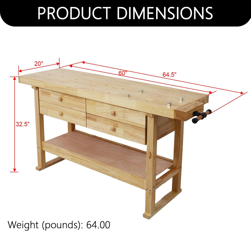 60 Inch Workbench with 4 Drawers & Storage Rack, Rubber Wood Top Work Table for Garage Workshop, Heavy Duty