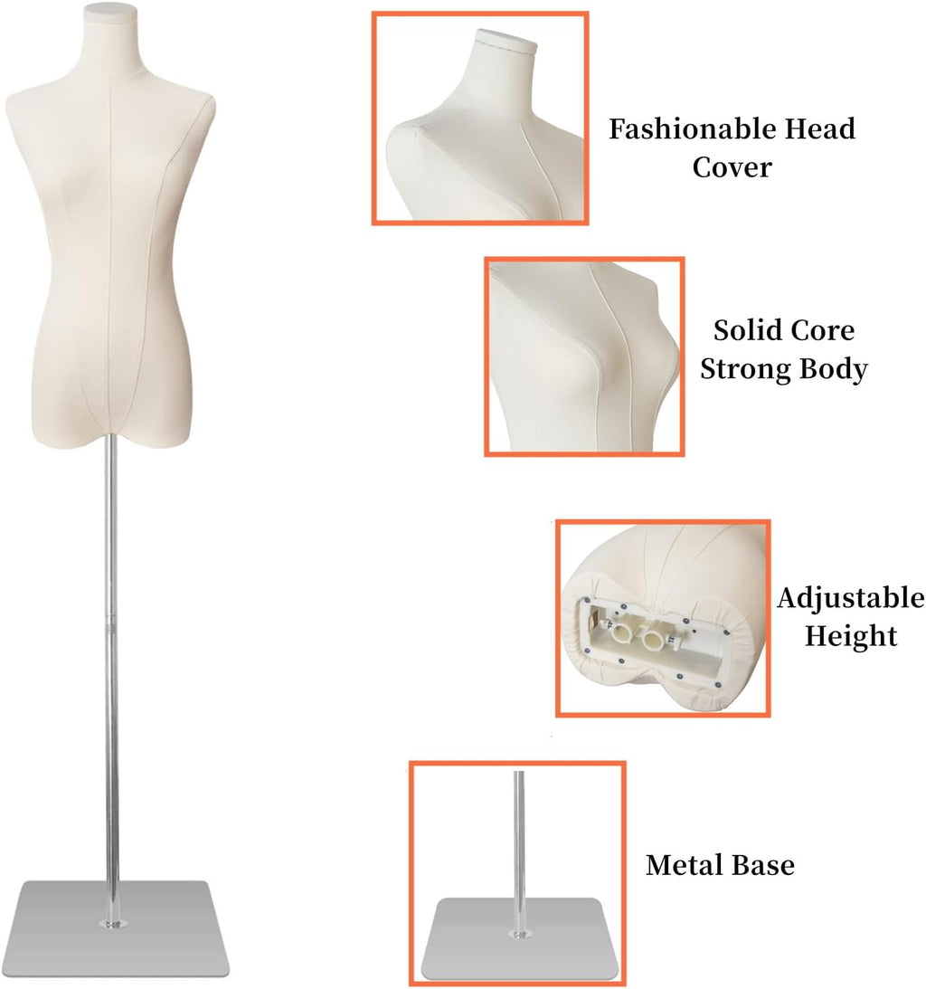 Dress Form Mannequin Body, Female Mannequin Torso with Detachable Silvery Metal Stand and Rectangular Base for