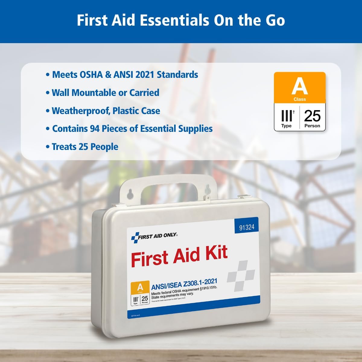 91324 ANSI A 2021 and OSHA Compliant First Aid Kit, 25-Person Emergency First Aid Kit for Business, Home, Car, and