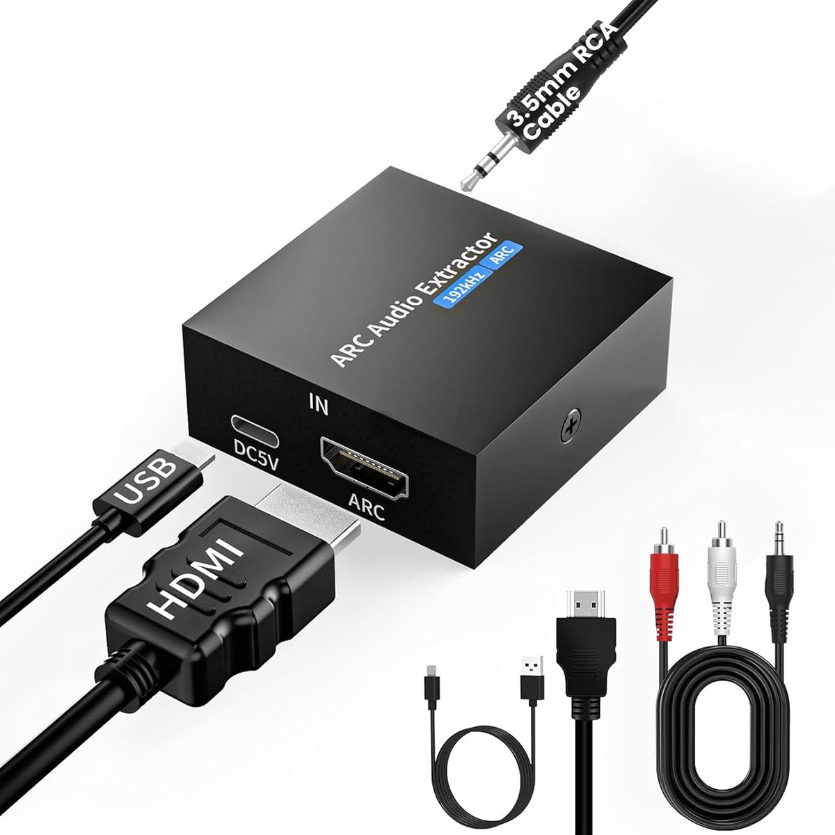 192KHz ARC Audio Extractor, HDMI ARC to Toslink/Optical+3.5mm AUX Output, HDMI to Optical Audio Adapter with 3.5mm