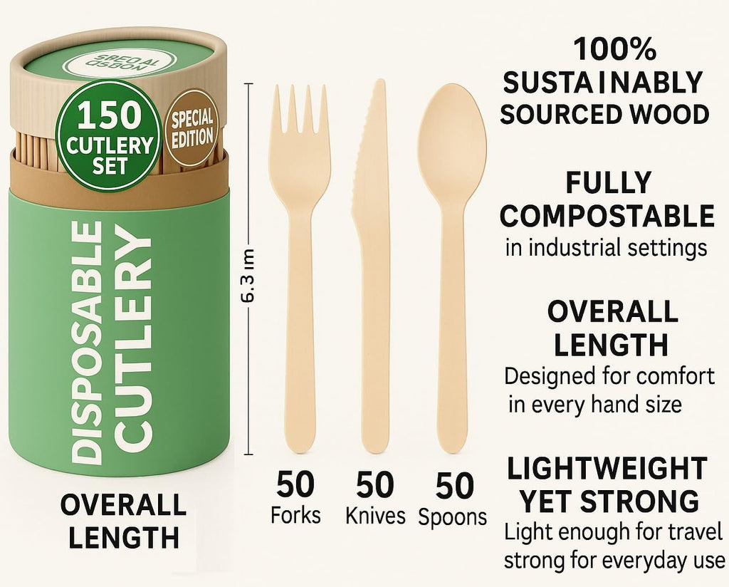 (150 Pcs) Special Edition Compostable Cutlery Set - Disposable Wooden Cutlery Set - Alternative to Plastic, Eco
