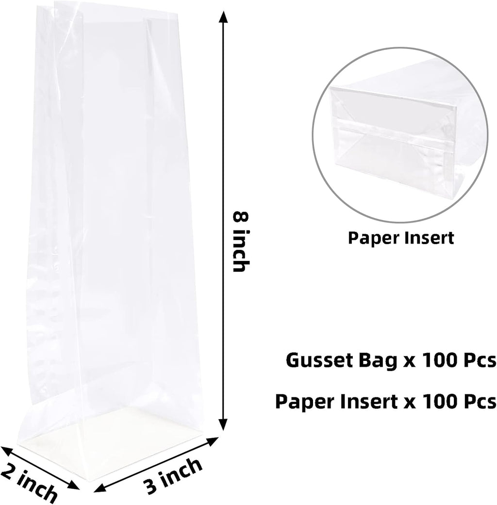 Flat Bottom Cellophane Bags With Paper Insert, 3x2x8 Inch 100 Pcs