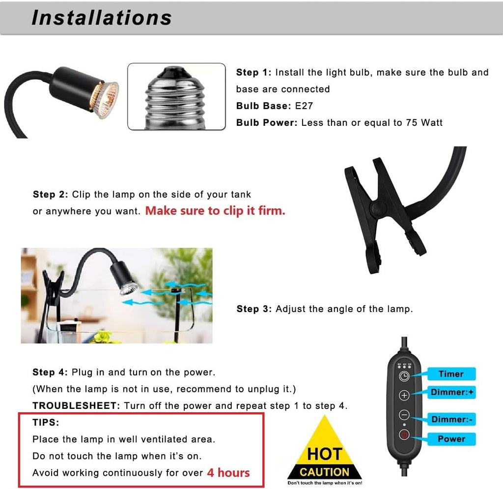 Dimmable Reptile Heat Lamp with Timer + 75W UVA UVB Light Bulb, Basking Spot Light Simulated Sunlight, Heating Lamp