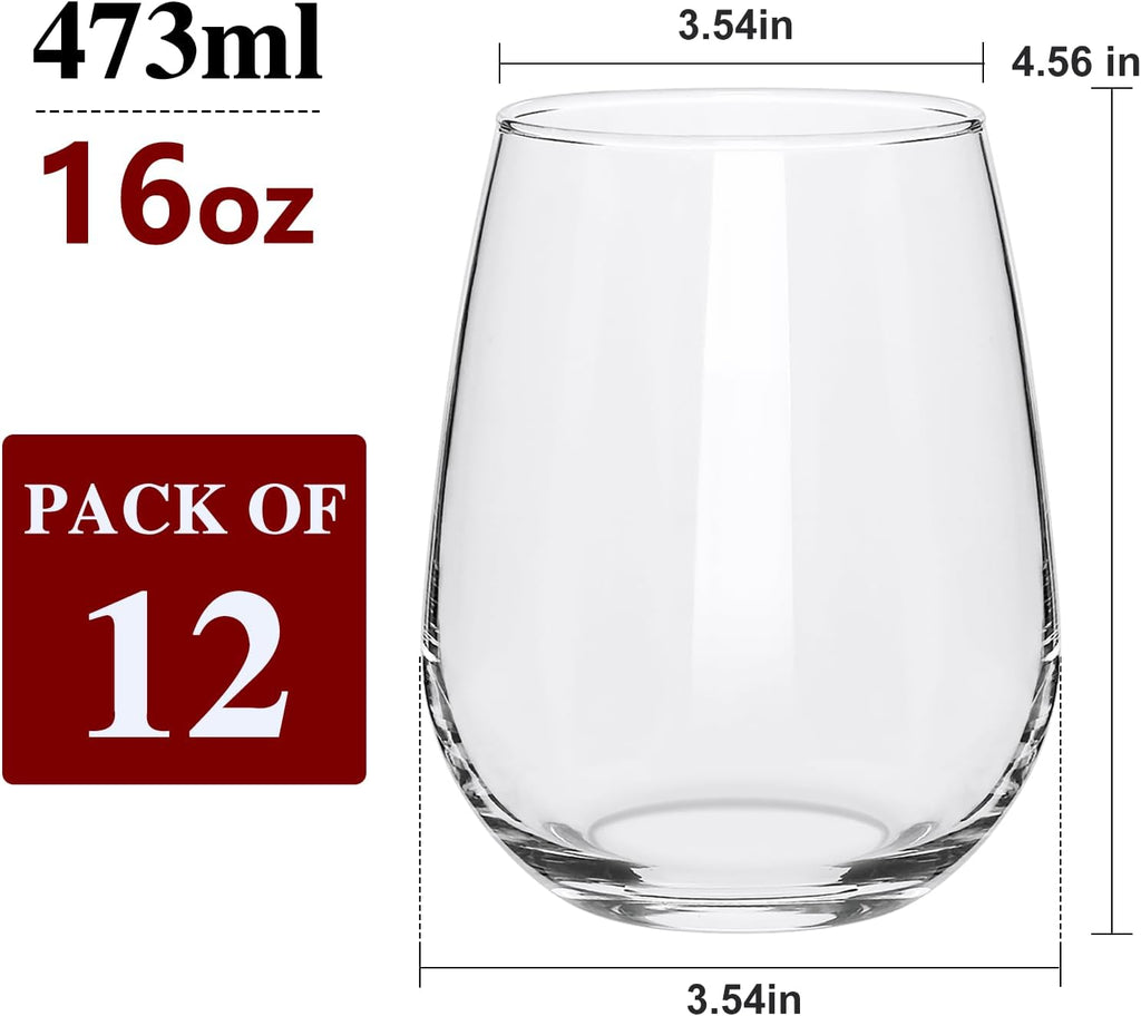 Stemless Wine Glasses Set of 12,16oz Crystal Red Wine Glass