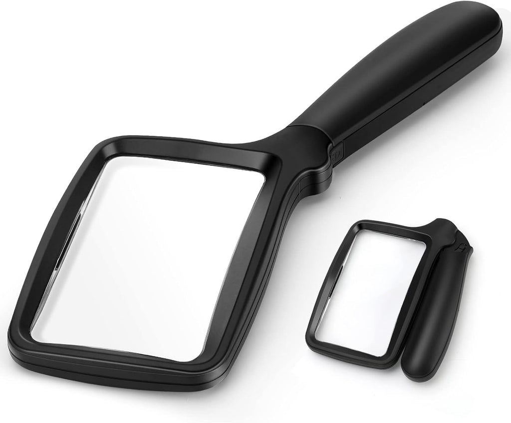 Folding Handheld Magnifying Glass with Light, 5X Large Rectangle Reading Magnifier with Dimmable LED for Seniors with