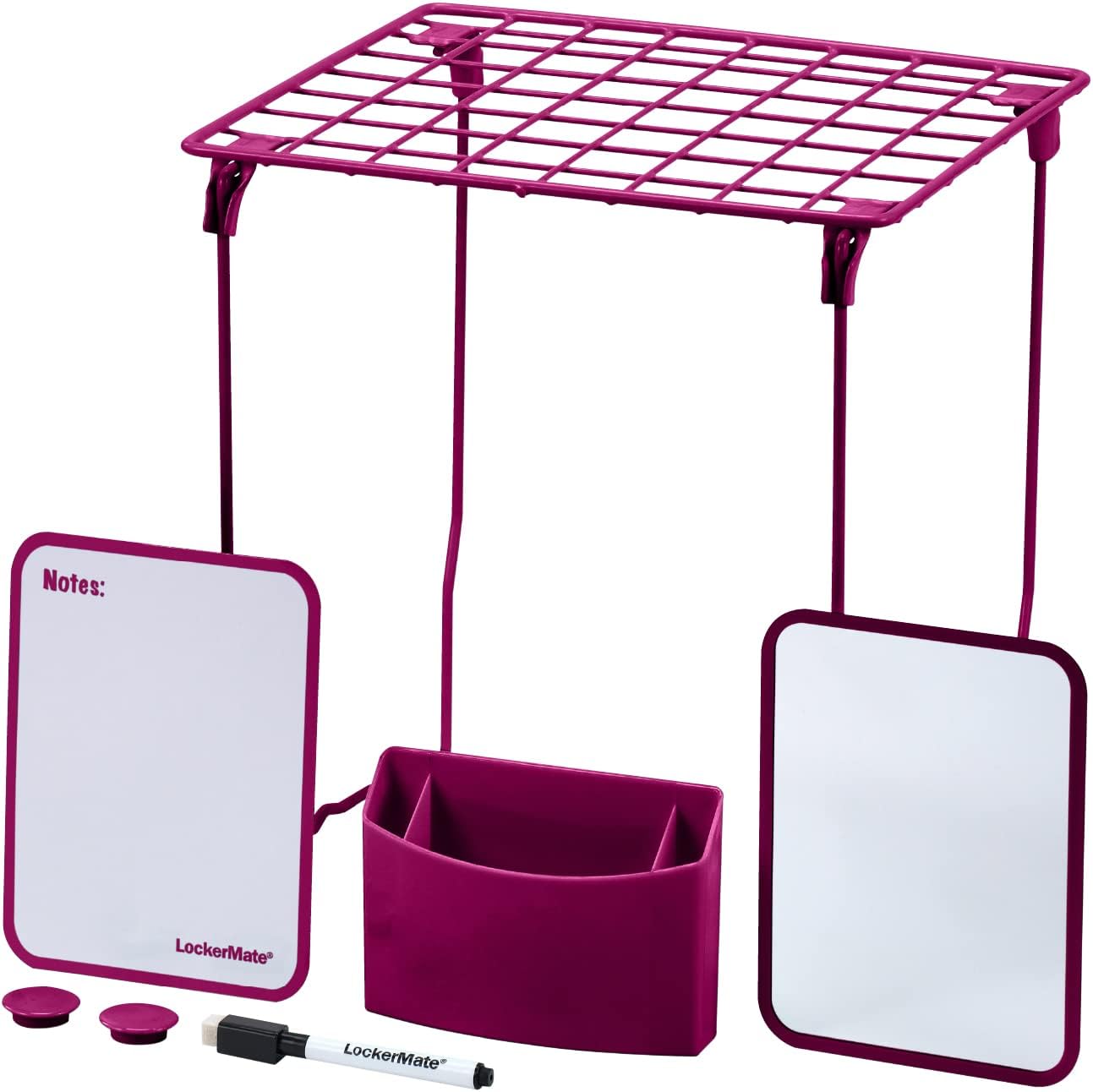7-Piece Locker Organizer Kit, Includes Locker Shelf, Mirror, Whiteboard, Storage Cup & Dry Erase Marker, Pink