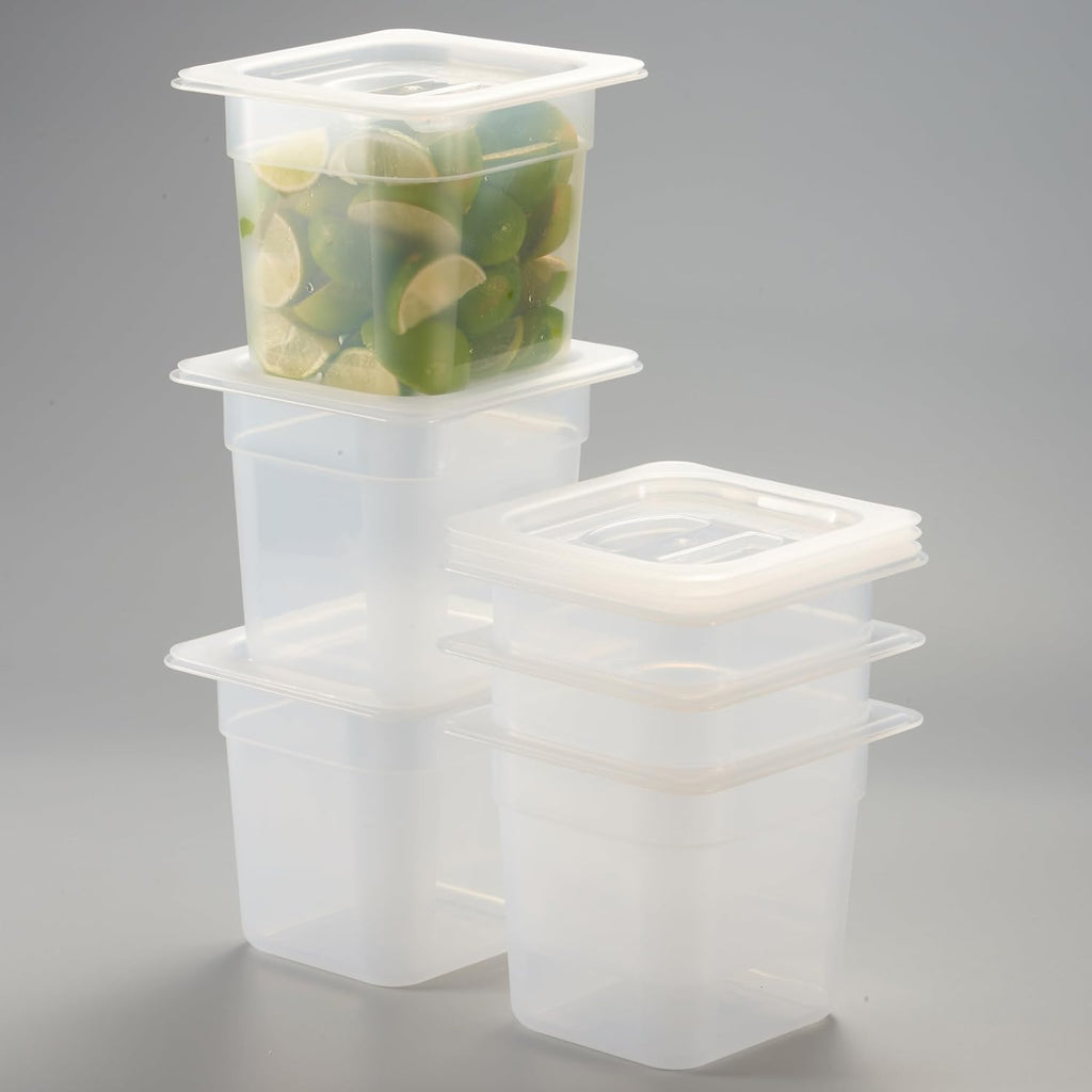 6-Pack 1/6 Size 6" Deep Food Pan with Sealing Lid – NSF Commercial-Grade Translucent Polypropylene, Stackable